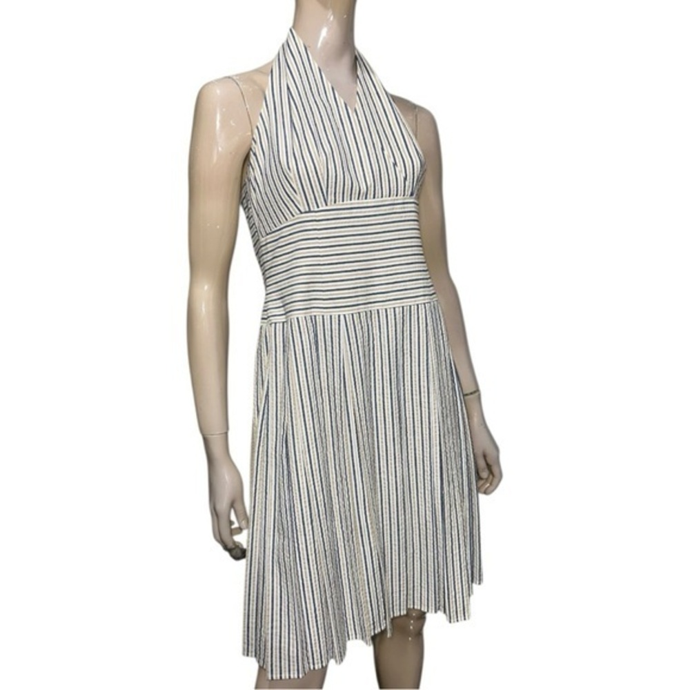 Due per Due Size 8 White Tan Cotton Striped Halter Knee Length Sleeveless Dress